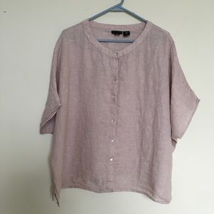 Tahari linen button down short sleeve tan blouse
